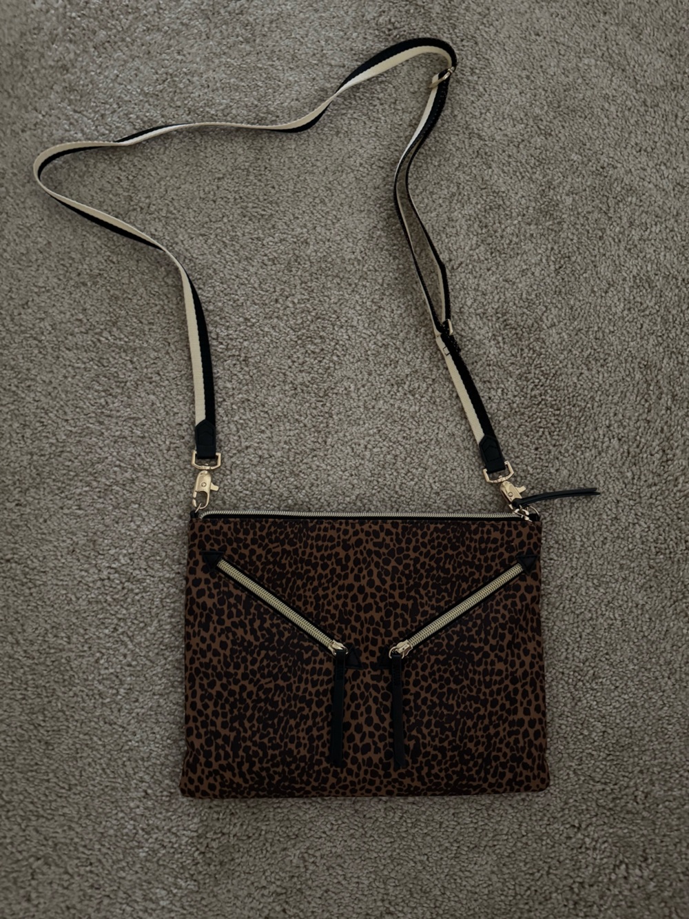 Stella & Dot Leopard-Print Crossbody Bag in Brown with Black-and-Cream Strap